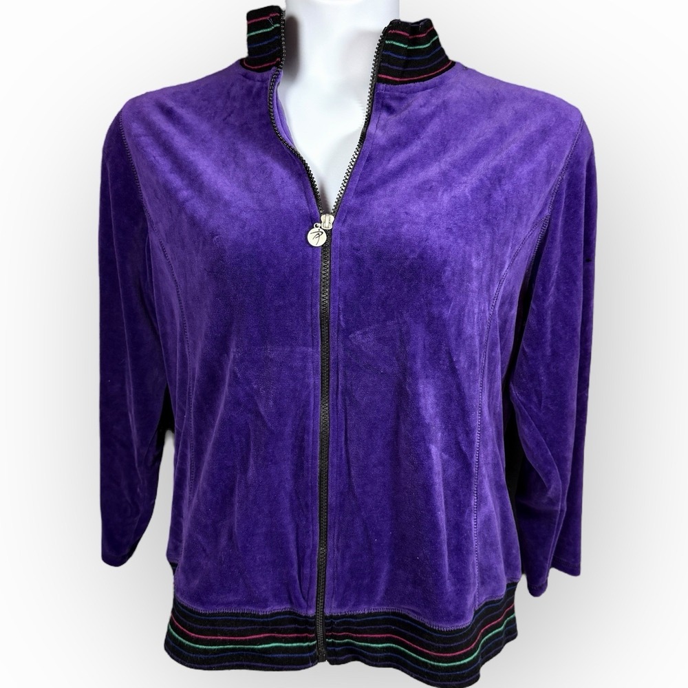 IActive Velour Track Jacket Women's‎ 2X Purple Black Collar Cuffs Stripes Y2K